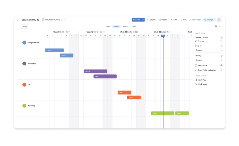 The dashboard of Monday.com showing a timetable - with licensing from Automation Consultants